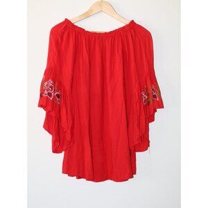 Feathers Embroidered Red Floral Boho Women's Top Small Bell Sleeves Off Shoulder